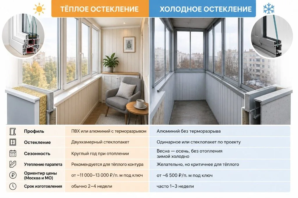 Инфографика: тёплое и холодное остекление балкона — профиль, стеклопакет, сезонность, утепление парапета, цена и сроки